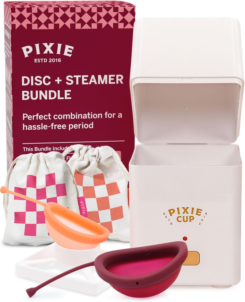 Pixie Cup أقراص الحيض مع جهاز التعقيم - مصنفة رقم 1 لأكثر أقراص الحيض راحة وقابلية لإعادة الاستخدام - تقتل 99.9% من الجراثيم مع جهاز التنظيف بالبخار - اغسل قرصك في 3 دقائق! - مجموعة تعقيم مدمجة - Image 1